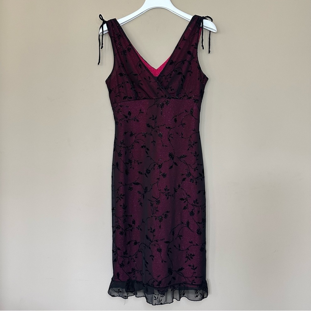 VTG 90s Y2K Size M Whimsigoth Dress Sparkle Pink Black Floral Chiffon Overlay - Picture 1 of 14